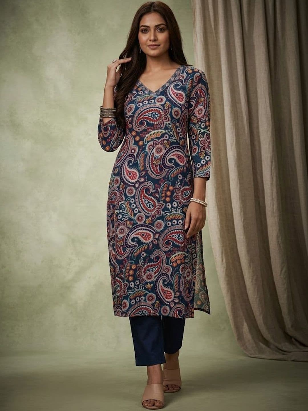 Sangria Paisley Printed Cotton V-Neck Calf Length Straight Kurta - view 1