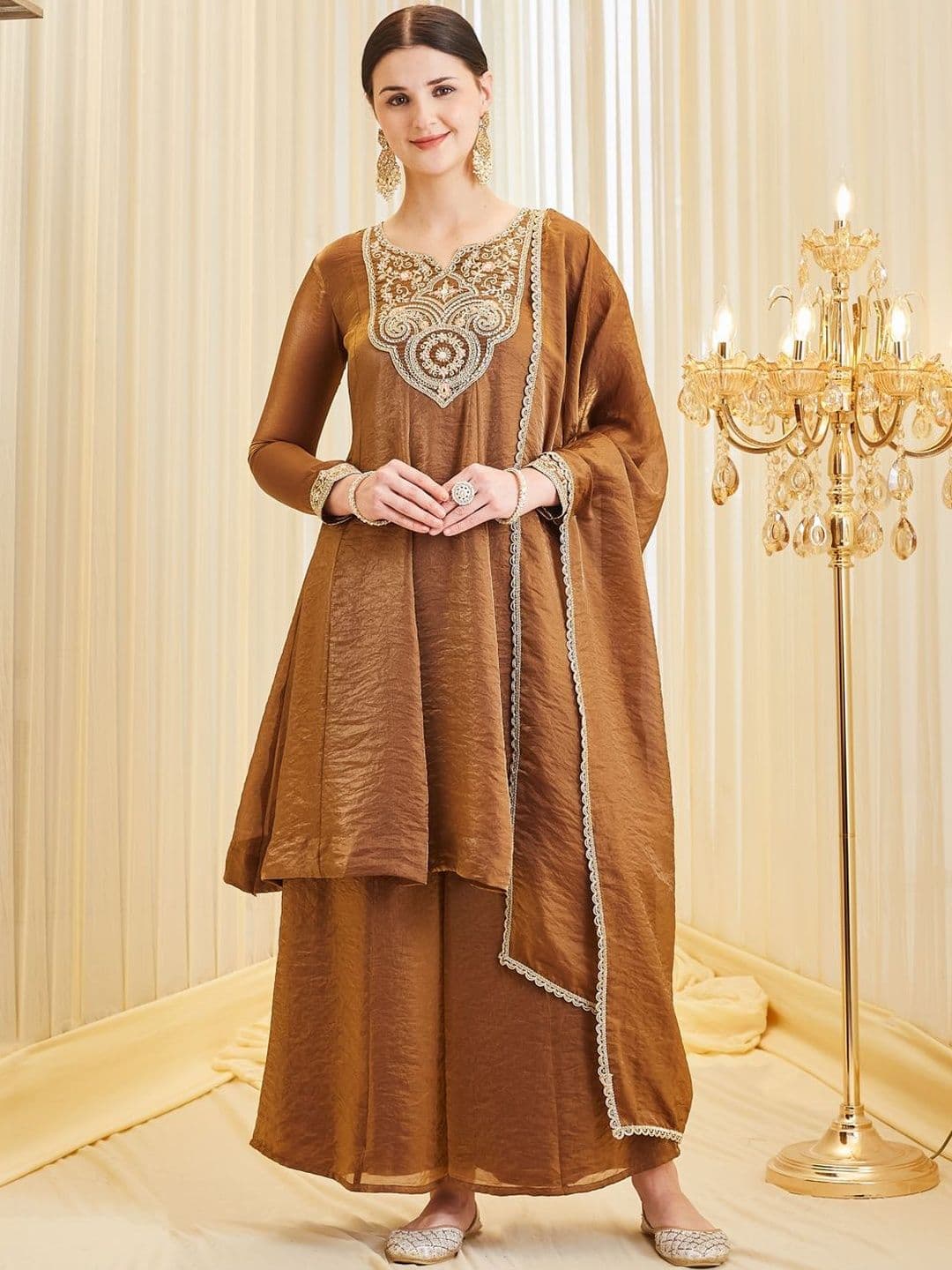MOKOSH Women Silk Embroidered Anarkali Kurta and Sharara with Dupatta Set - view 1