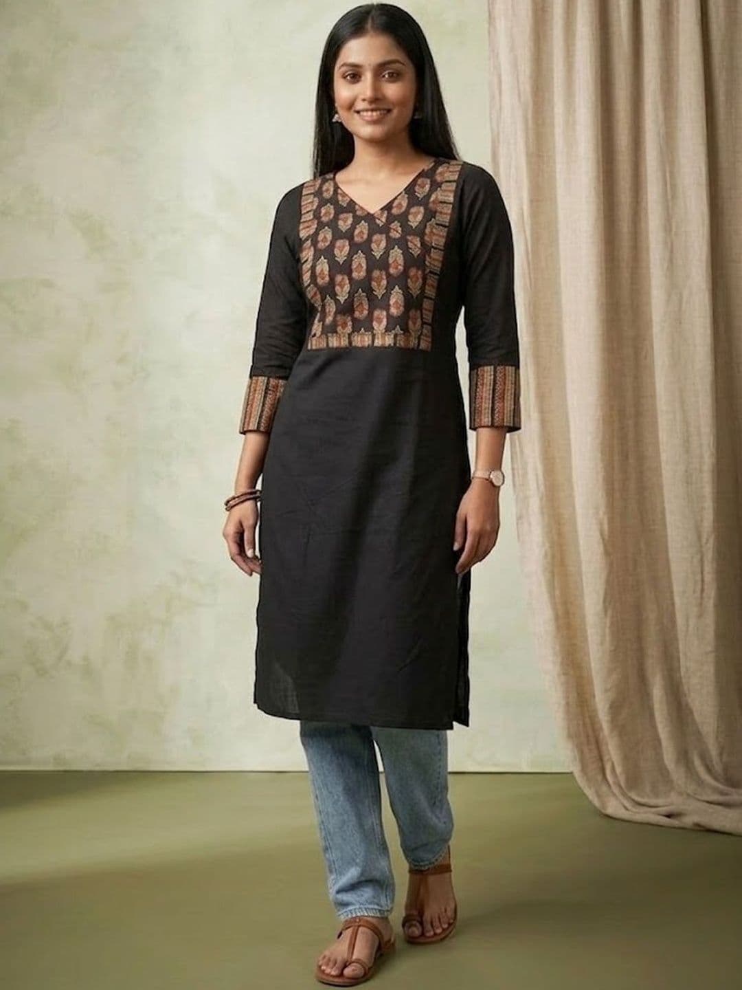 Sangria V-Neck Calf Length Straight Kurta - view 1