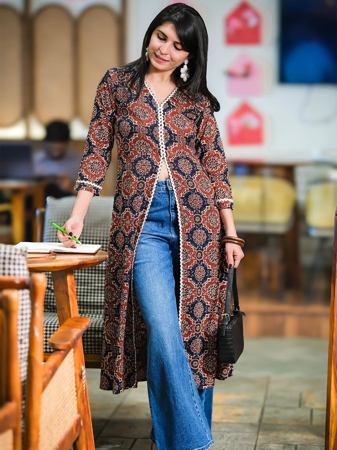 Youthnic Women's Cotton Blend Ajrak Print A-line Front Slit Long Kurta - view 1