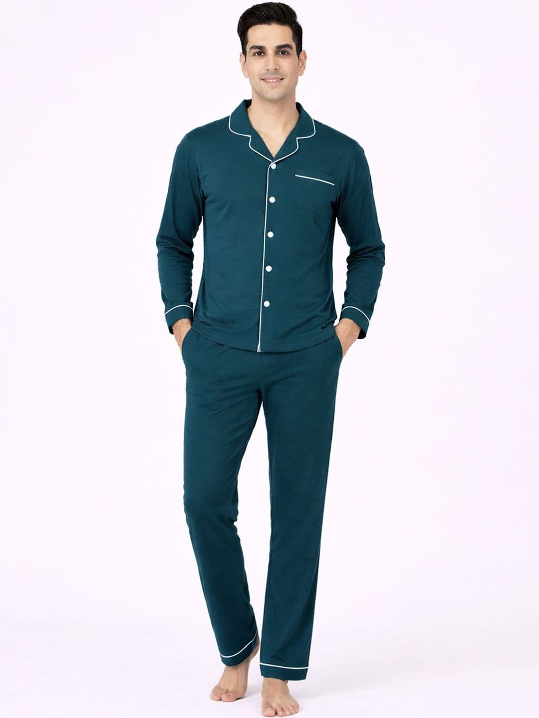 Nite Flite Men Solid Lapel Collar Pure Cotton Night suit - view 1