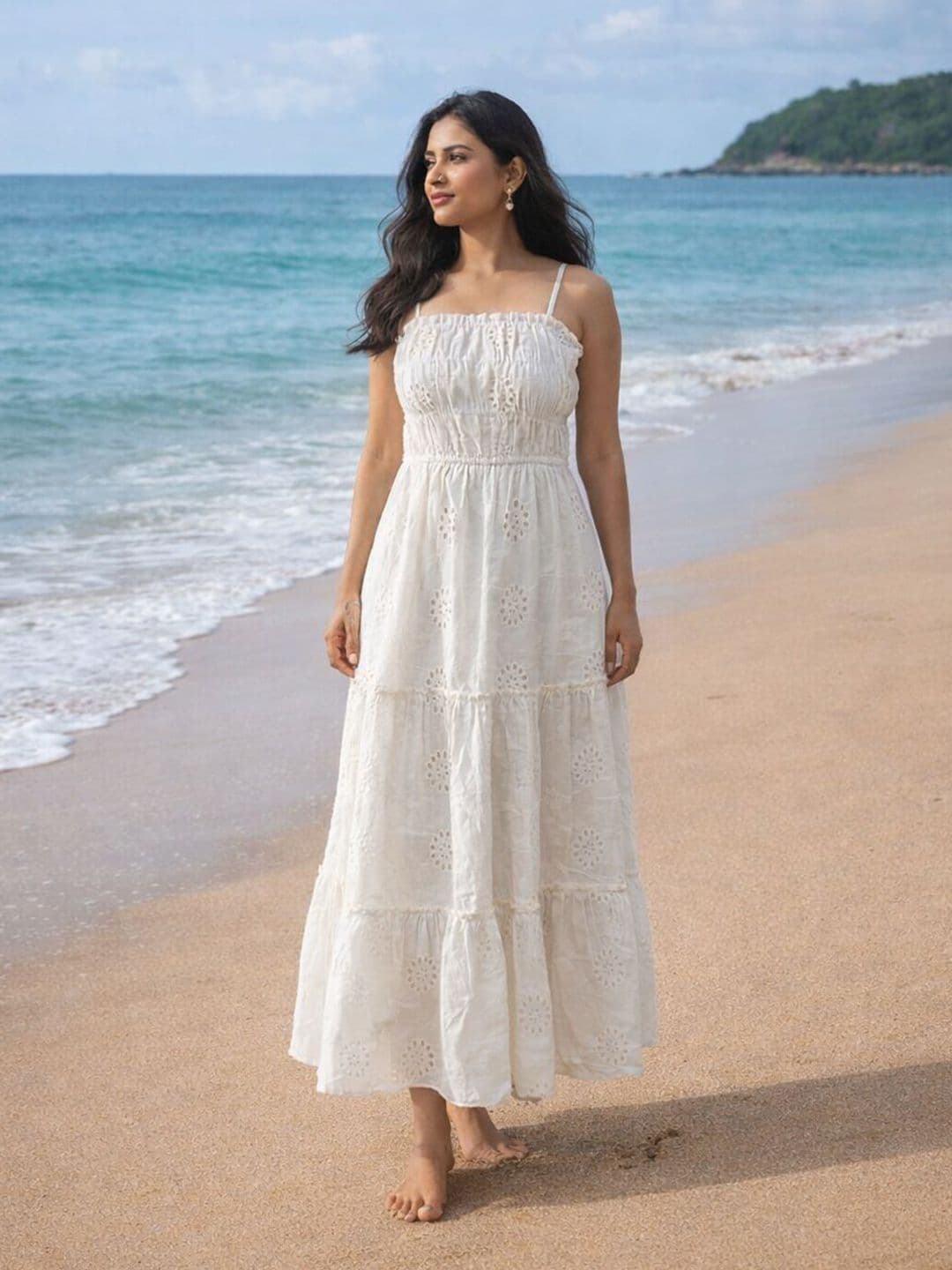 ADITEE Women White Schiffli Cotton Sleeveless Square Neck Maxi Dress - view 1