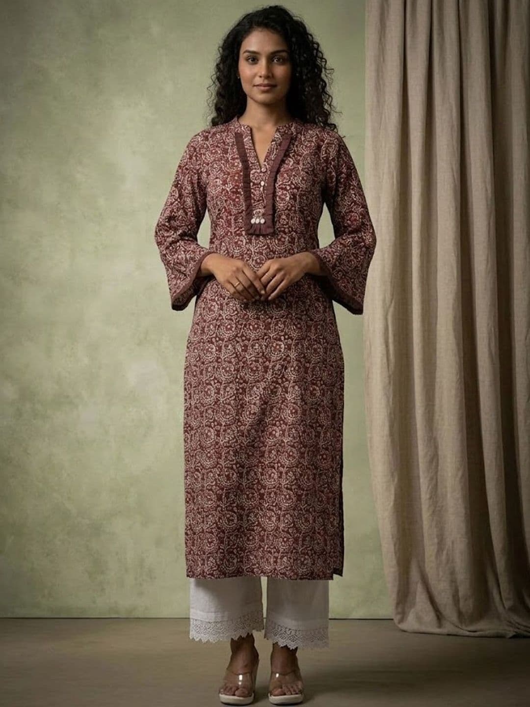 Sangria Printed Mandarin Collar Calf Length Straight Kurta - view 1