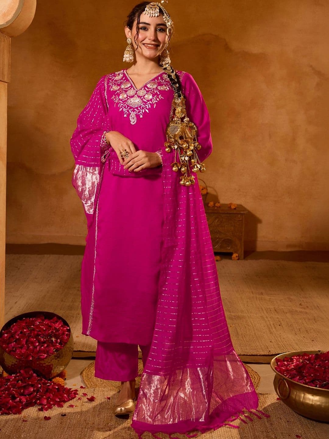 Sangria Embroidered V-Neck Kurta & Trousers With Dupatta - view 1