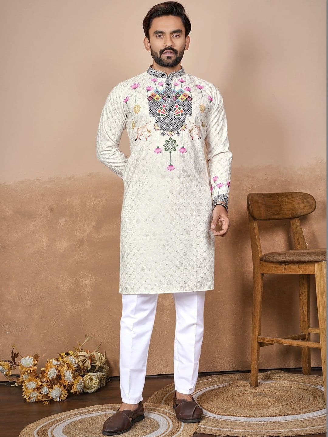 HERE&NOW Men Embroidered Thread Work Kurta - view 1