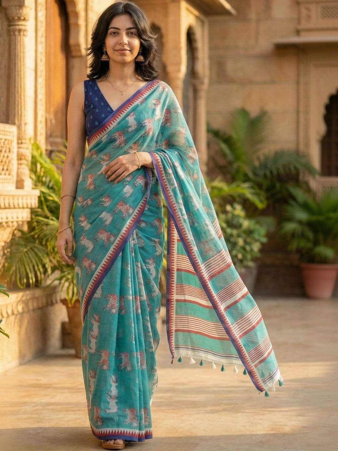AANVI Ethnic Motifs Printed Pure Cotton Saree With Blouse - view 1