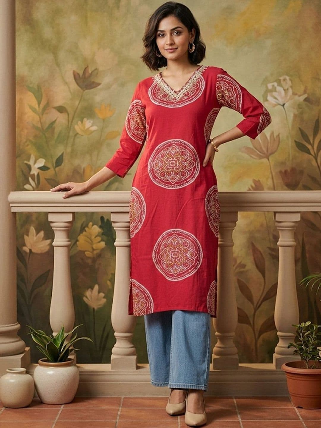 Sangria Printed Cotton V-Neck Calf Length Straight Kurtas - view 1