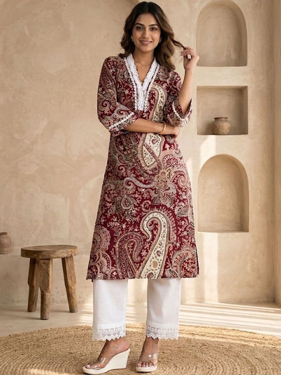 Sangria Printed Cotton V-Neck Calf Length Straight Kurtas - view 1