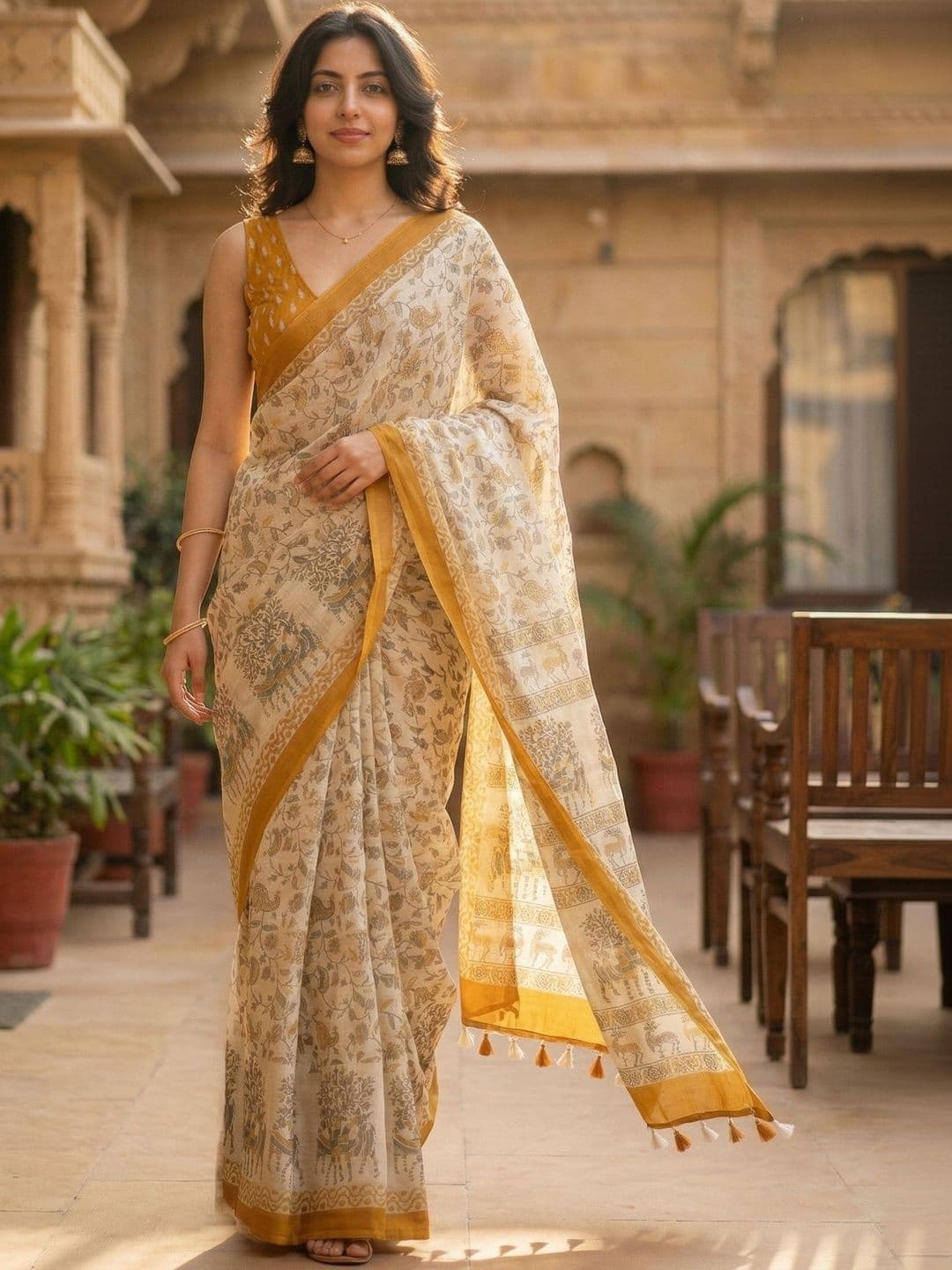 AANVI Floral Printed Pure Cotton Saree With Blouse - view 1