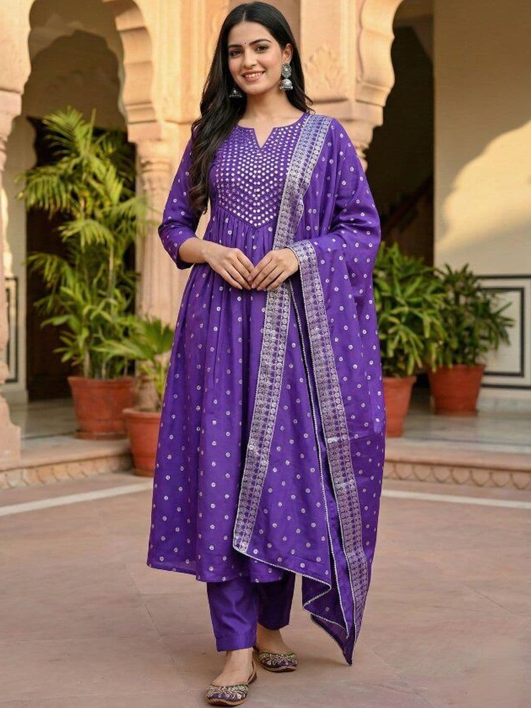 EVANORA Ethnic Motifs Printed Gotta Patti Kurta with Trousers & With Dupatta - view 1