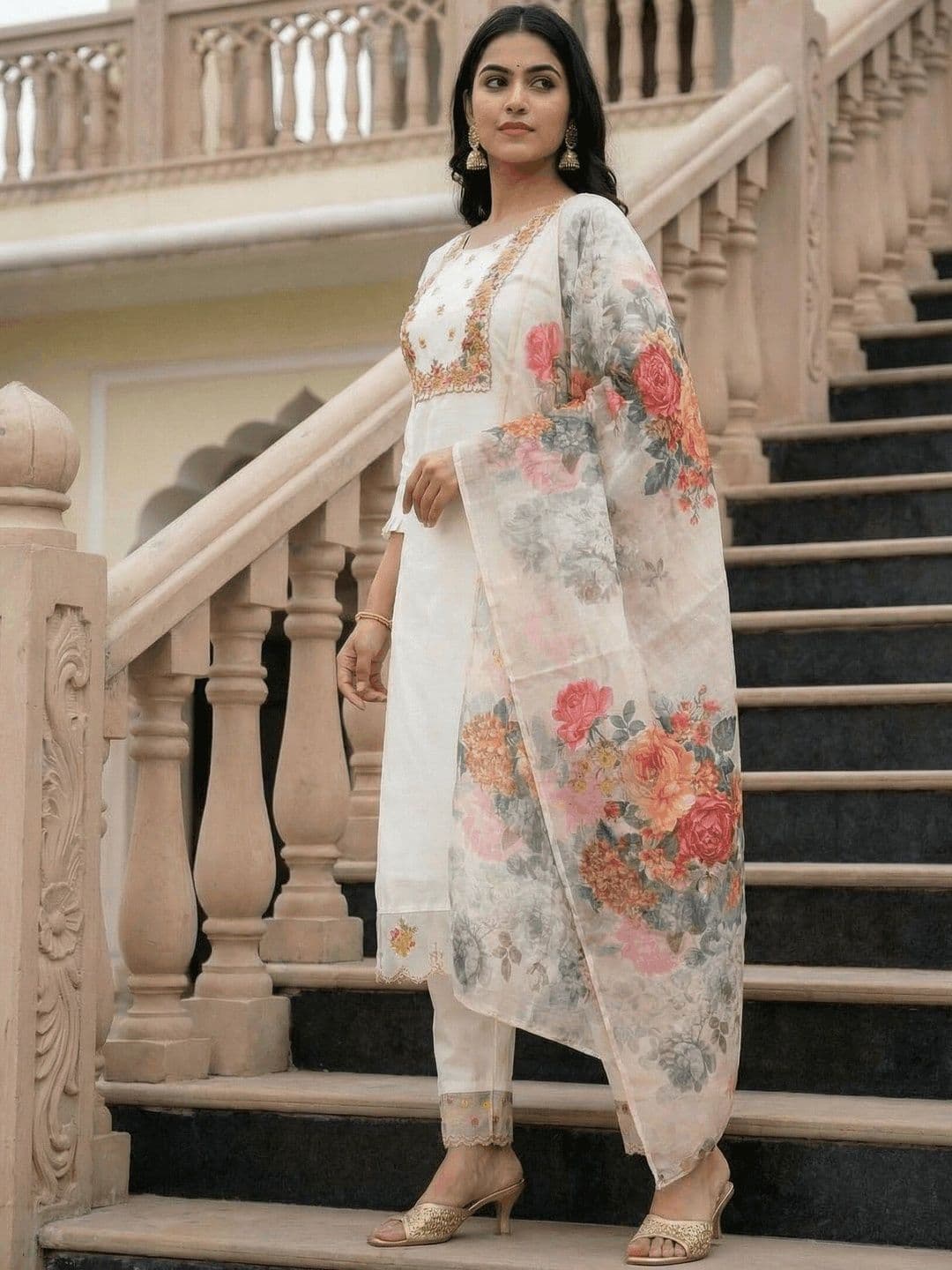 HERE&NOW Women Floral Embroidered Regular Thread Work Kurta with Trousers & With Dupatta - view 1