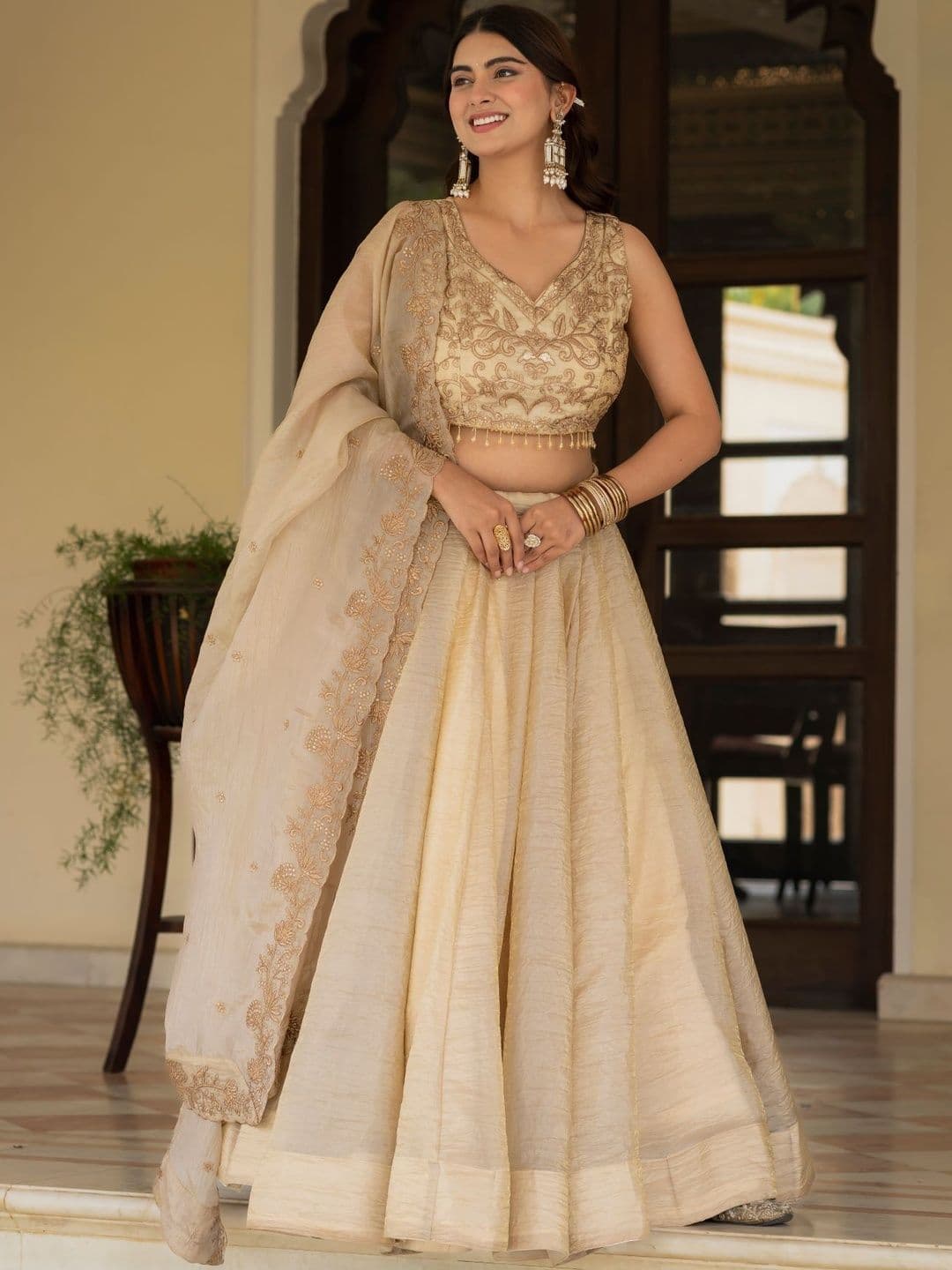 House of Pataudi Embroidered V-Neck Flared Lehenga Choli - view 1