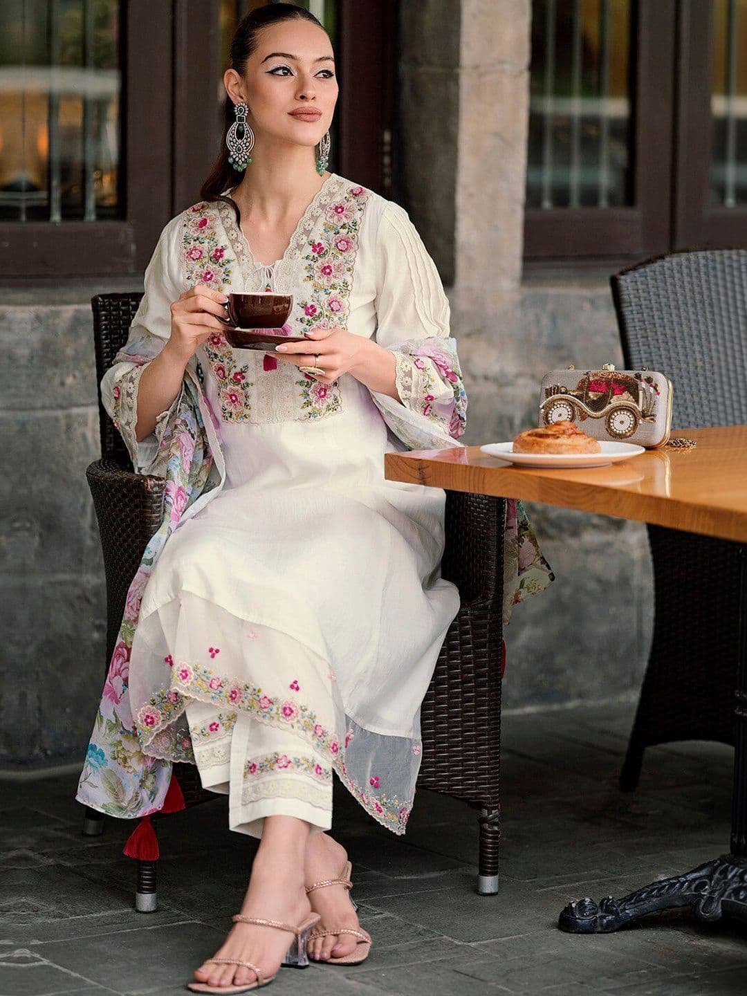 HERE&NOW Women Floral Embroidered Regular Thread Work Kurta with Trousers & With Dupatta - view 1