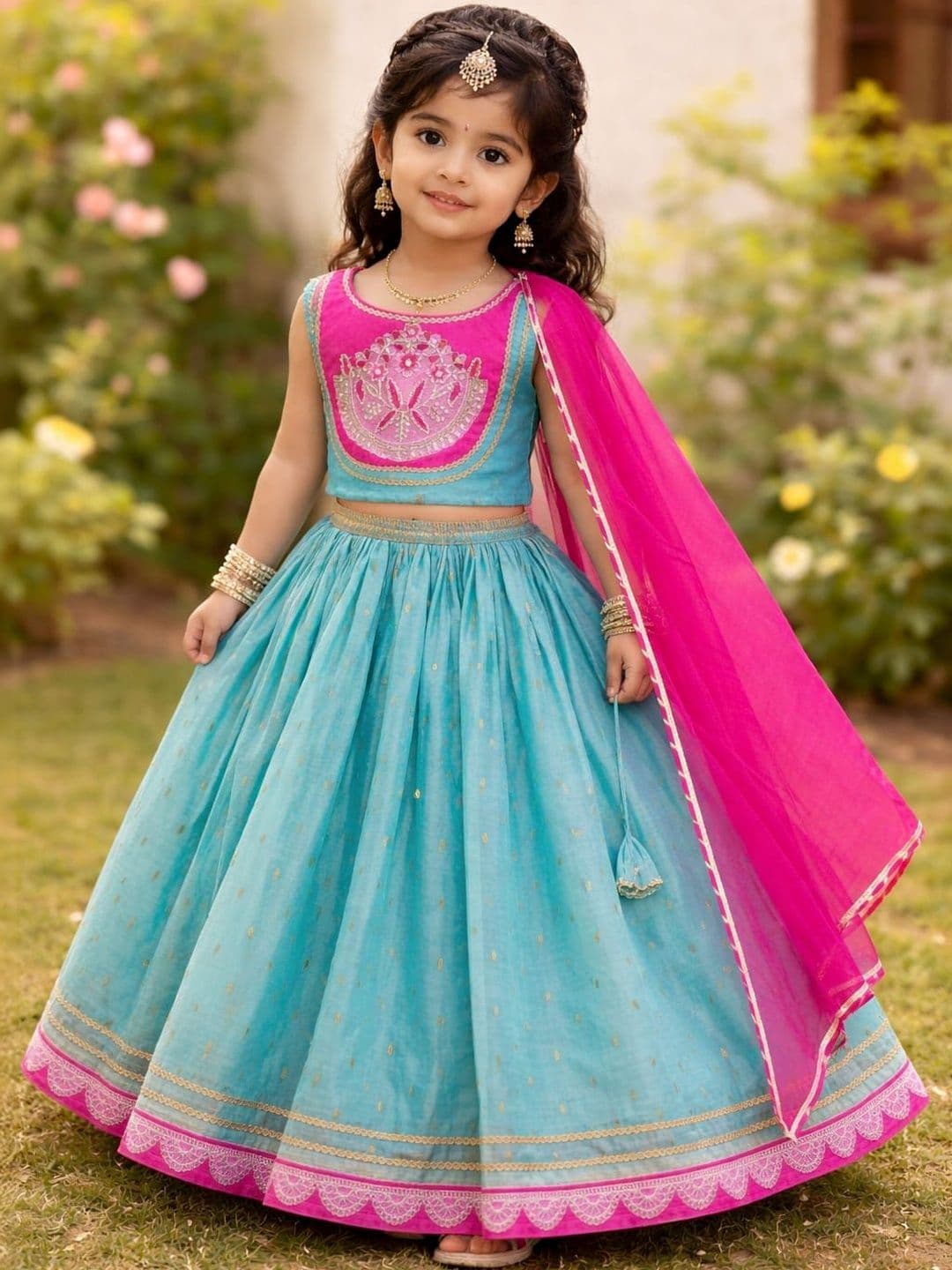 KATRODIYA ENTERPRISE Girls Embroidered Thread Work Tie and Dye Ready to Wear Lehenga & Blouse With Dupatta - view 1