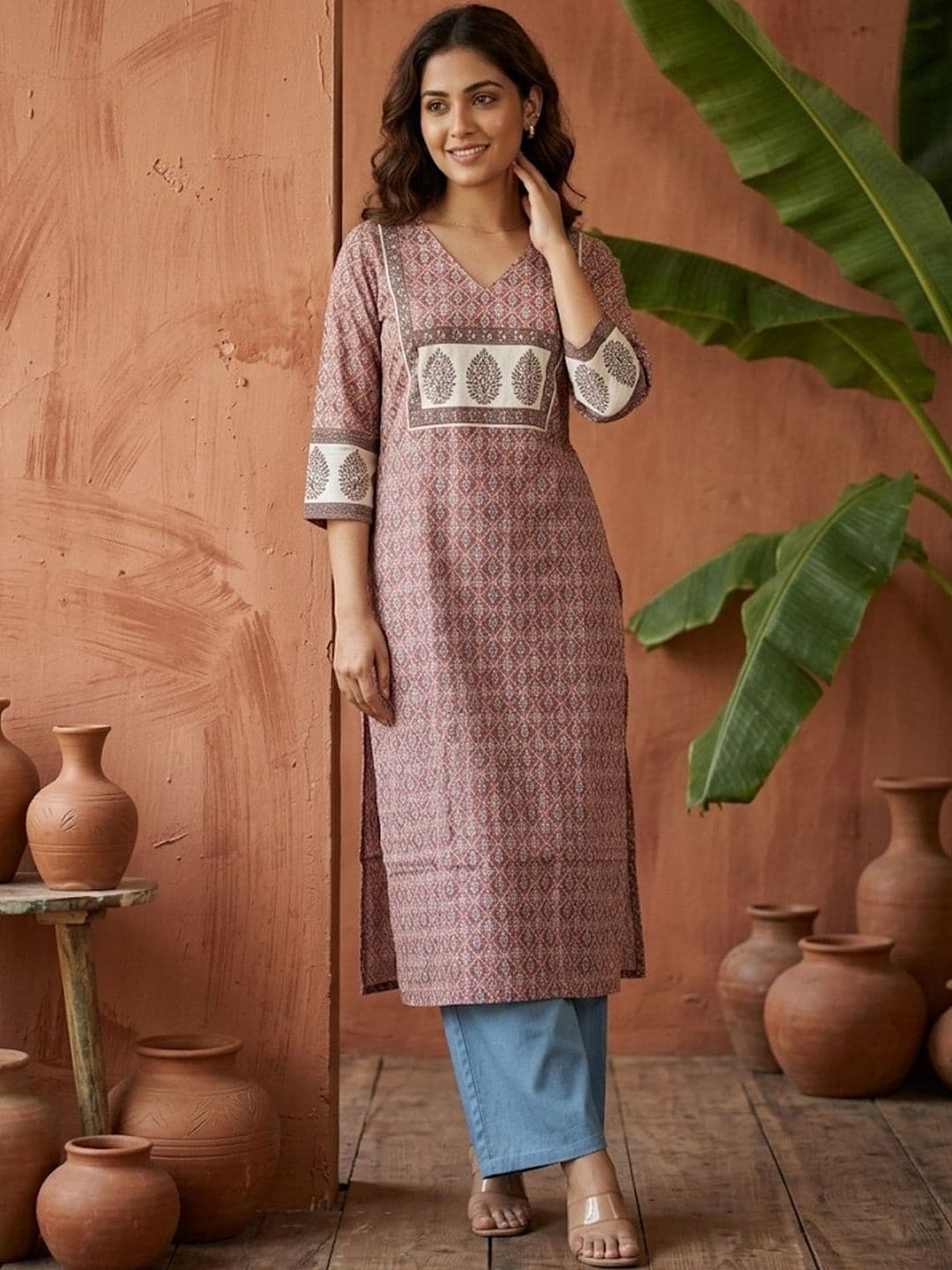Sangria Printed Cotton V-Neck Calf Length Straight Kurtas - view 1