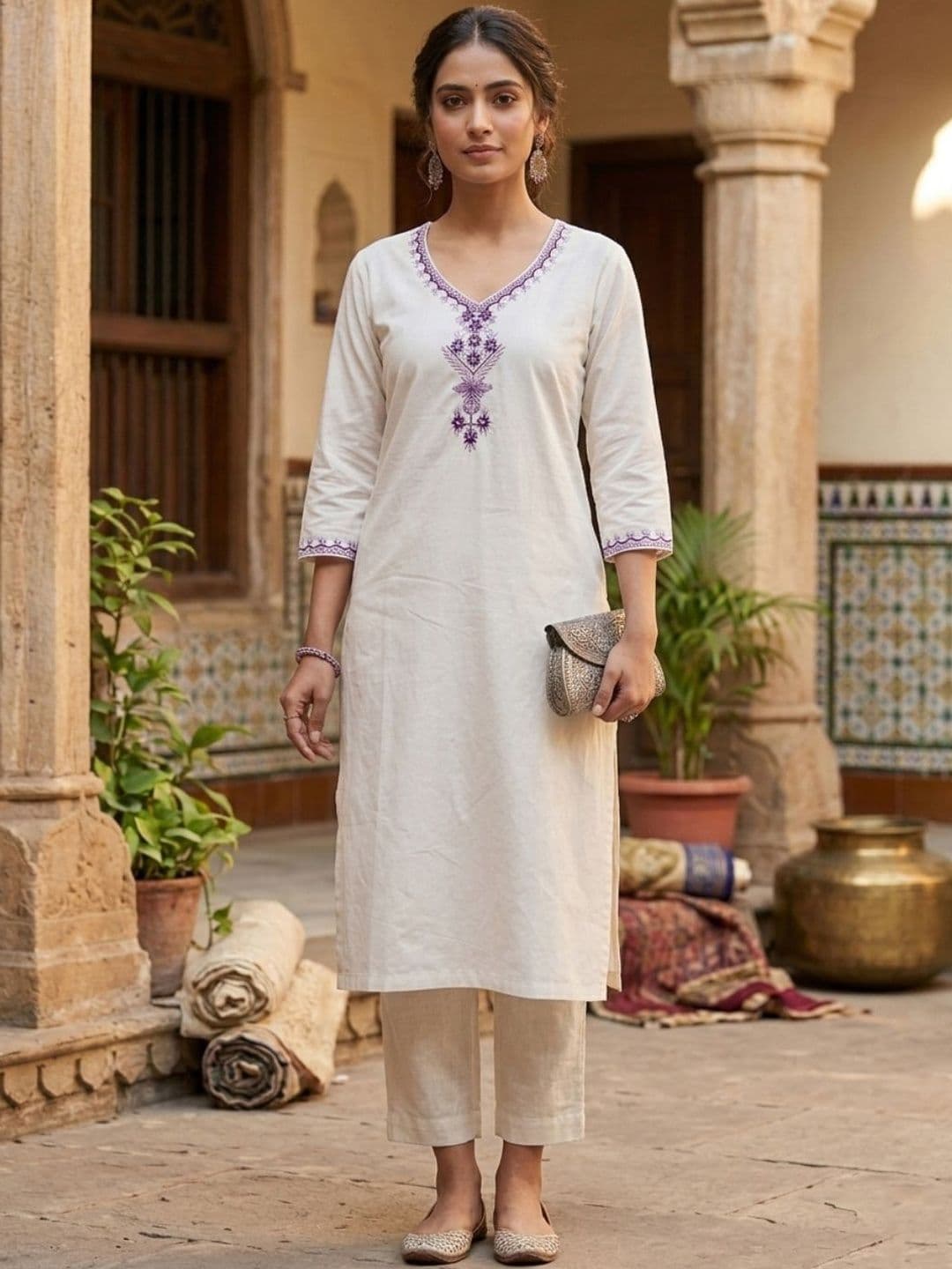 Rensa Women Ethnic Motifs Embroidered Thread Work Summer Sheers Khadi Handloom Kurta - view 1