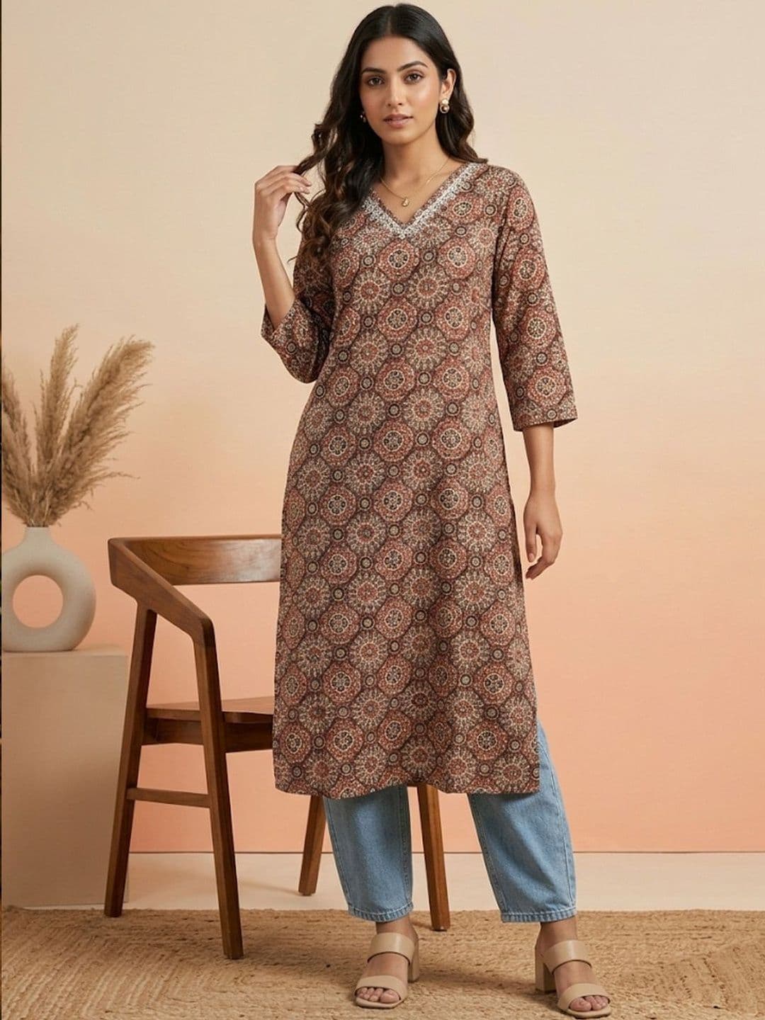 Sangria Printed Cotton V-Neck Calf Length Straight Kurtas - view 1