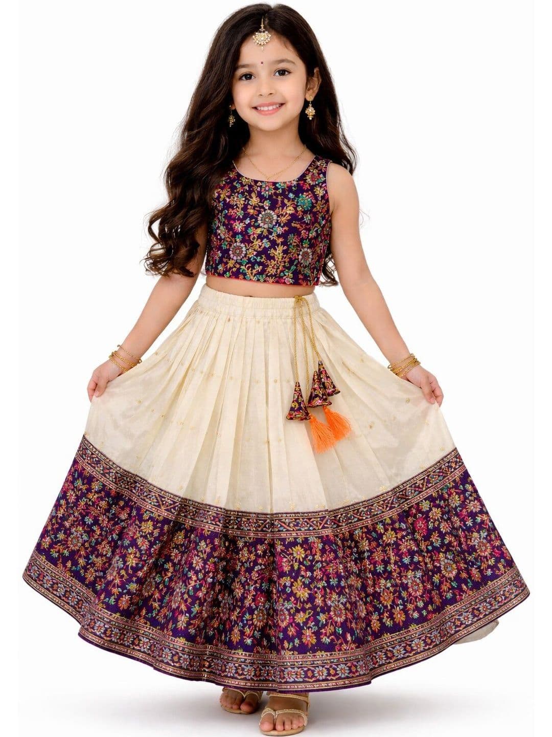 MAMERU Girls Embroidered Block Print Semi-Stitched Lehenga & - view 1