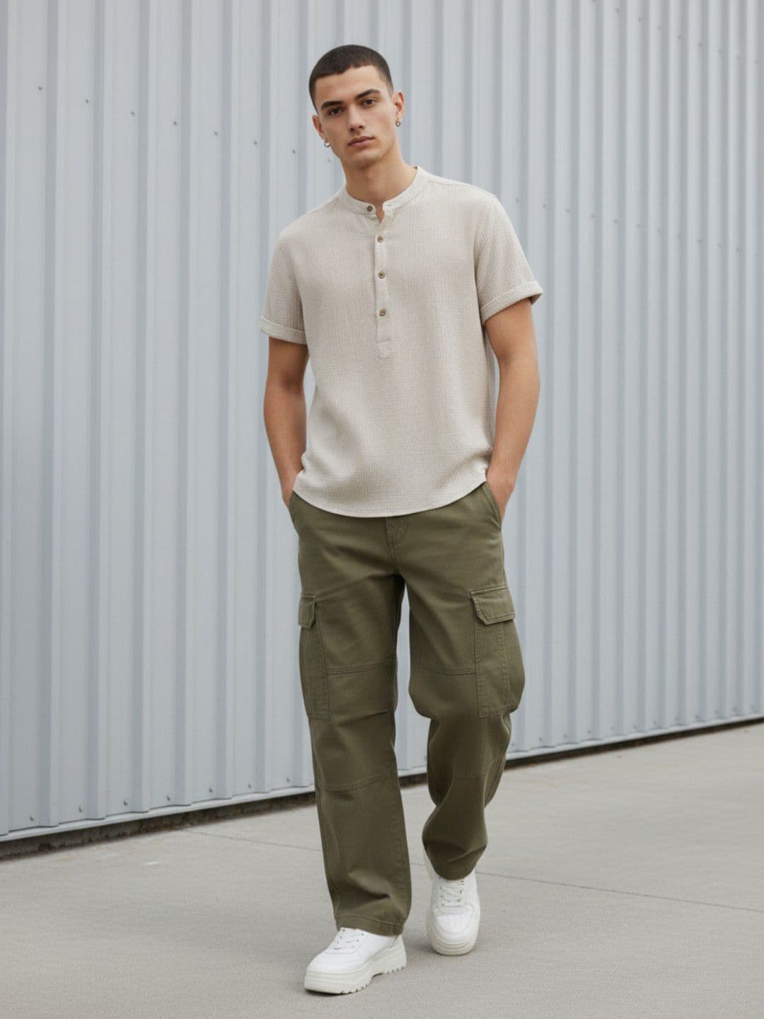 GENZILOOKS Men Beige Henley Neck Organic Cotton T-shirt - view 1