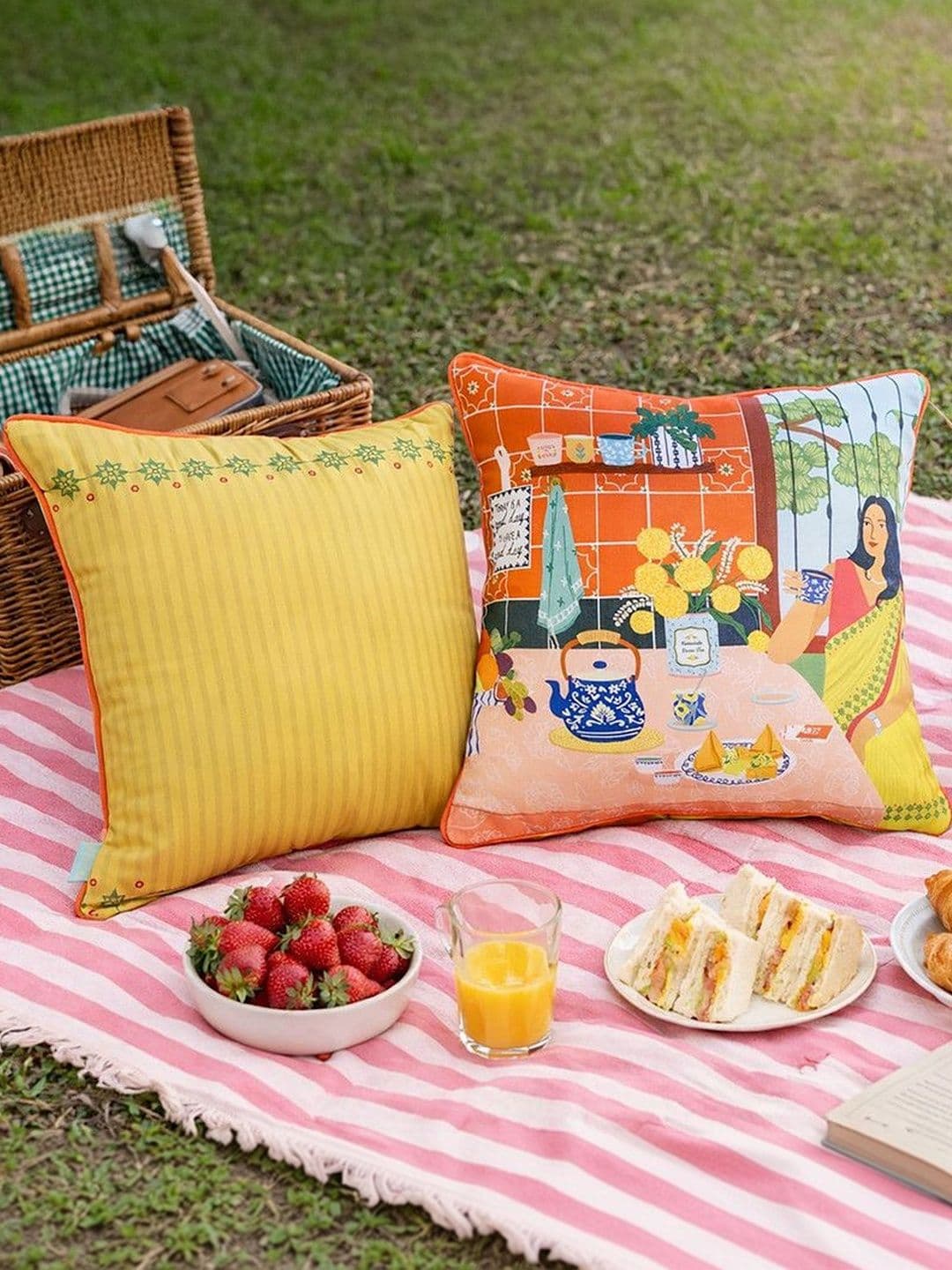 Chumbak Yellow & Orange Floral Square Cushion Covers - view 1