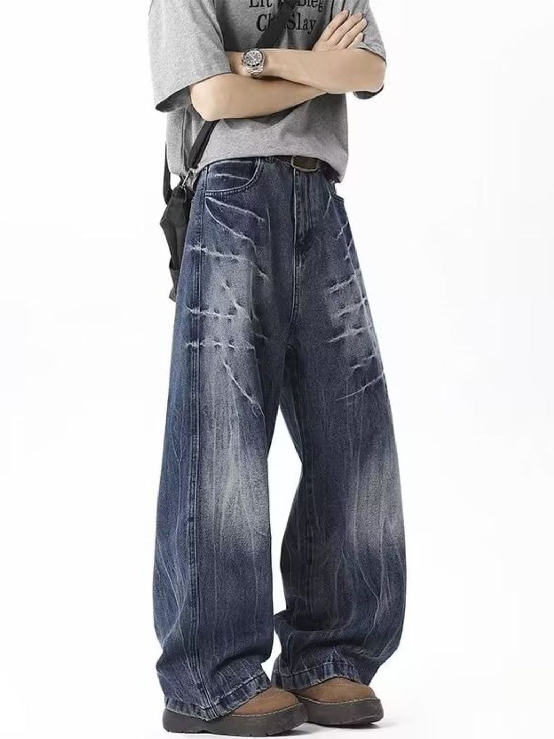 StyleCast Men Wide Leg Mid-Rise Highly Distressed Heavy Fade Jeans - view 1