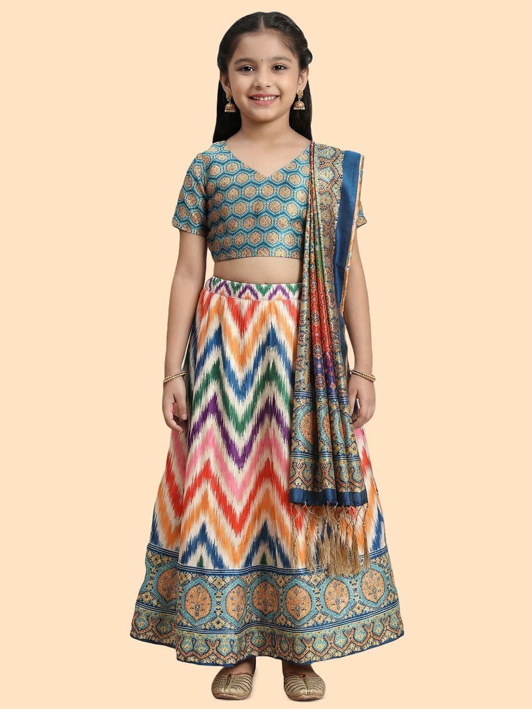 Kaizen TEXO FAB Girls Printed Ikat Semi-Stitched Lehenga & Unstitched Blouse With Dupatta - view 1