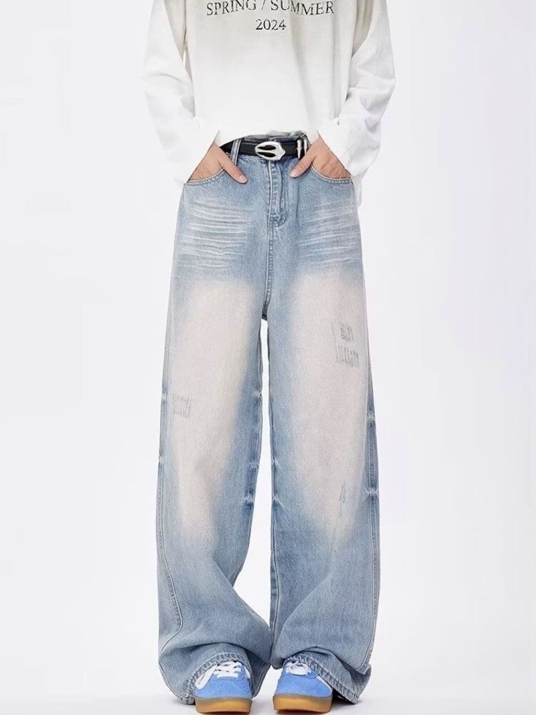 StyleCast Men Wide Leg Mid-Rise Distressed Heavy Fade Jeans