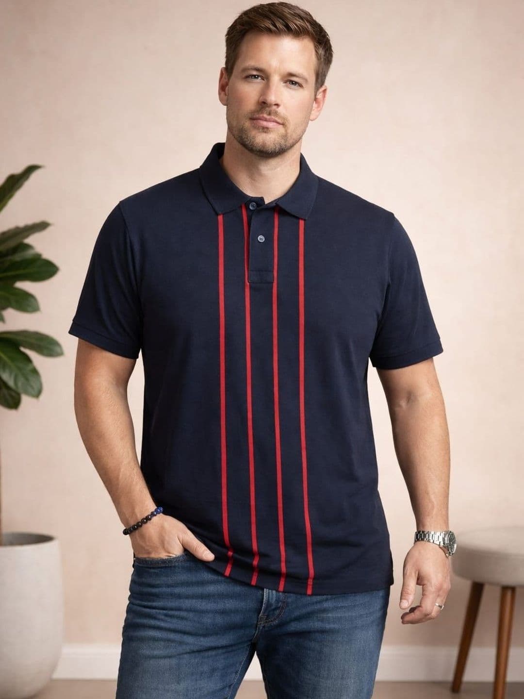 Austin wood Men Striped Polo Collar T-shirt - view 1