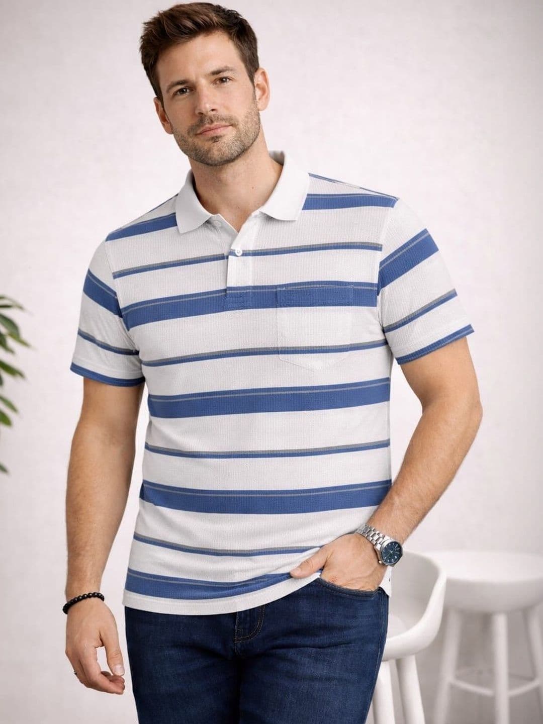 Austin wood Men Striped Polo Collar Pockets T-shirt - view 1