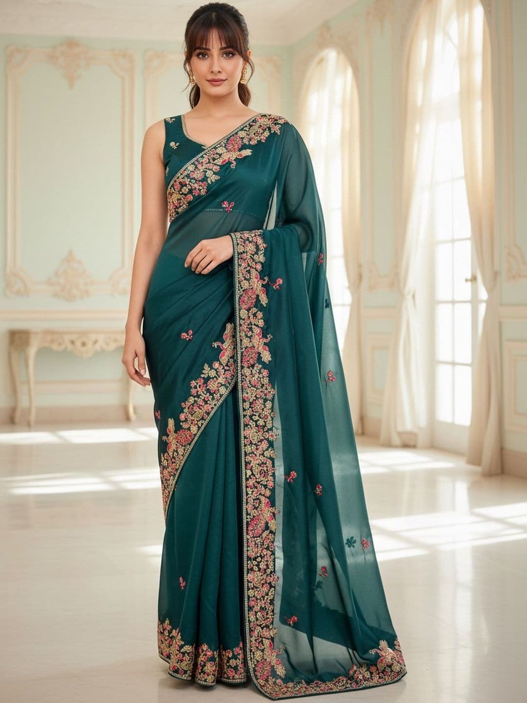 FABLAND Ethnic Motifs Embroidered Pure Georgette Heavy Work Saree - view 1