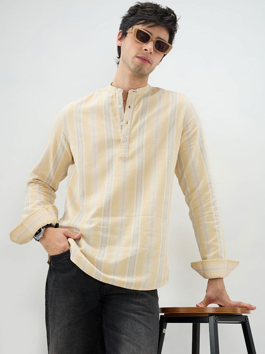 VASTRADO Sunwashed Sand Beige Multi-Stripe Kurta - view 1