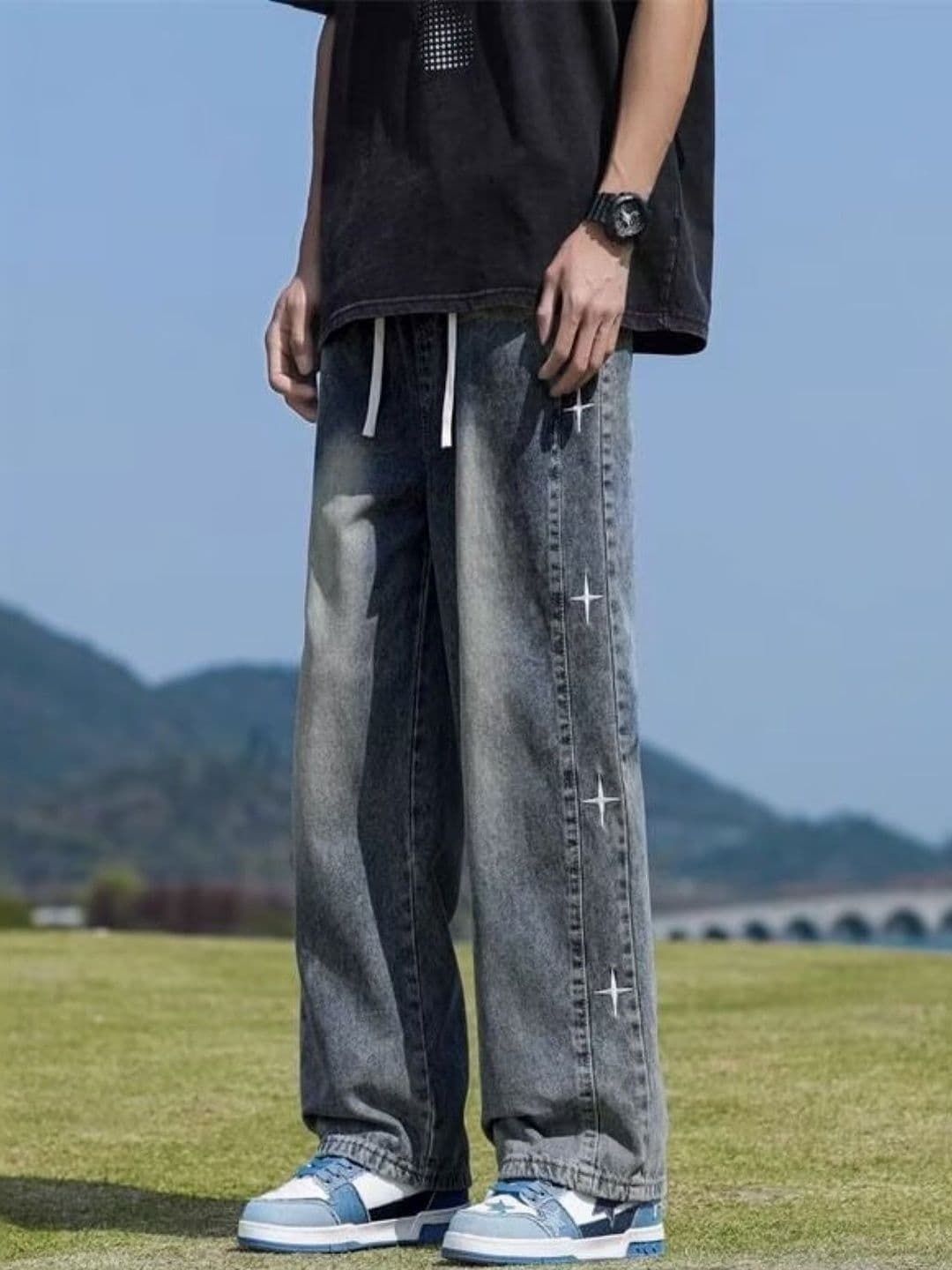StyleCast Men Baggy Fit Mid-Rise Jeans with Cross Stitch - view 1