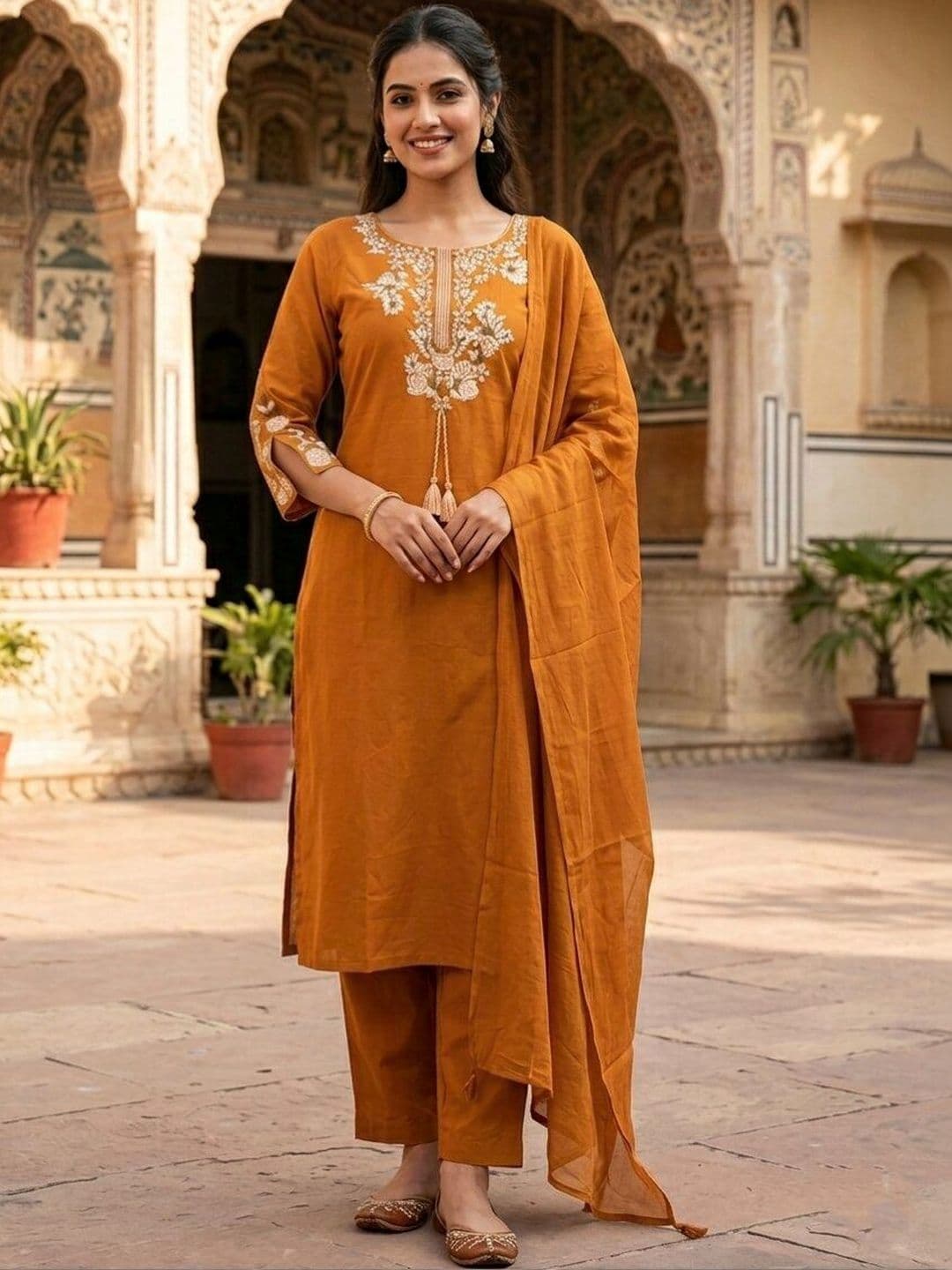 LeWear Women Ethnic Motifs Embroidered Regular Thread Work Pure Cotton Kurta with Trousers & With Dupatta - view 1