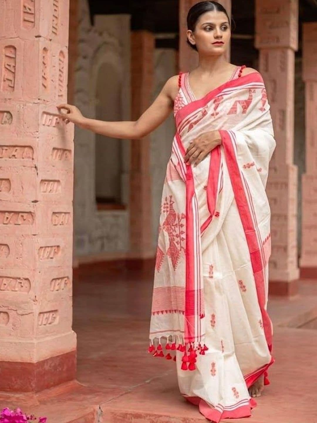 GMK Fashions Traditional Bengali Tant Saree with Designer Red Border - view 1