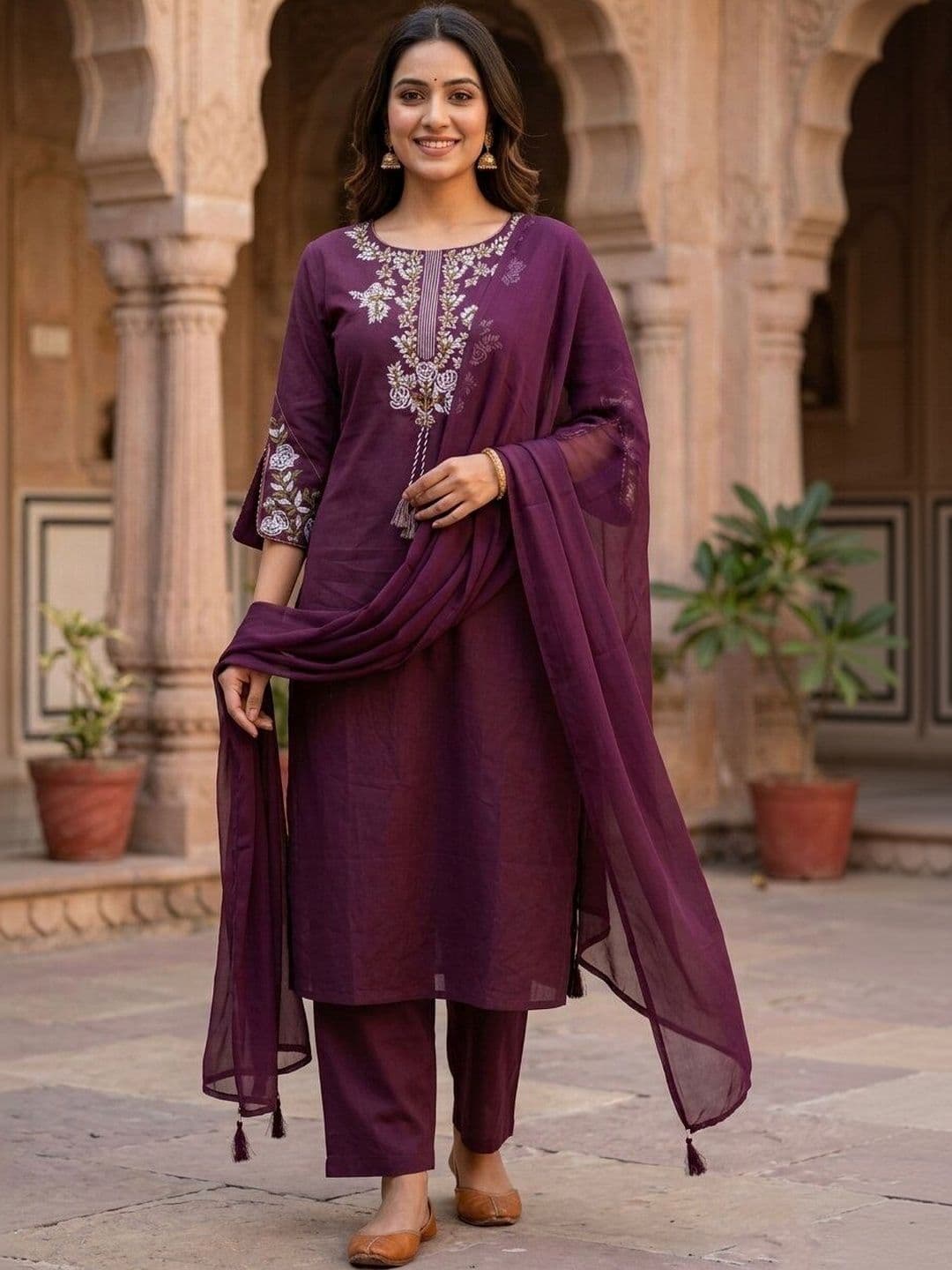 LeWear Women Ethnic Motifs Embroidered Regular Thread Work Pure Cotton Kurta with Trousers & With Dupatta - view 1