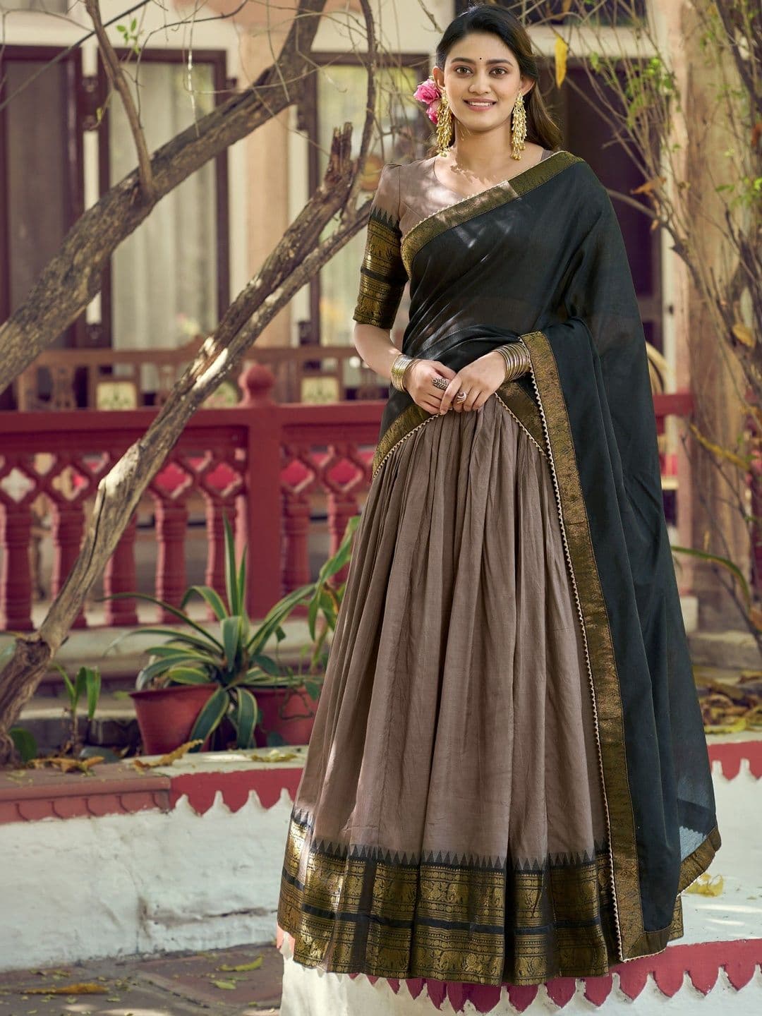 LOOKNBOOK ART Woven Design Zari Border South Indian Lehenga Choli with Dupatta - view 1
