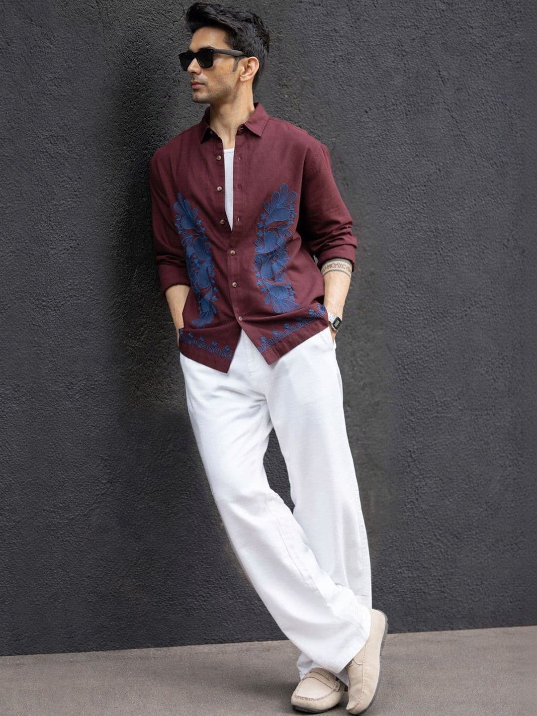 Powerlook Embroidered Linen Self Design Cotton Long Sleeves Shirt - view 1