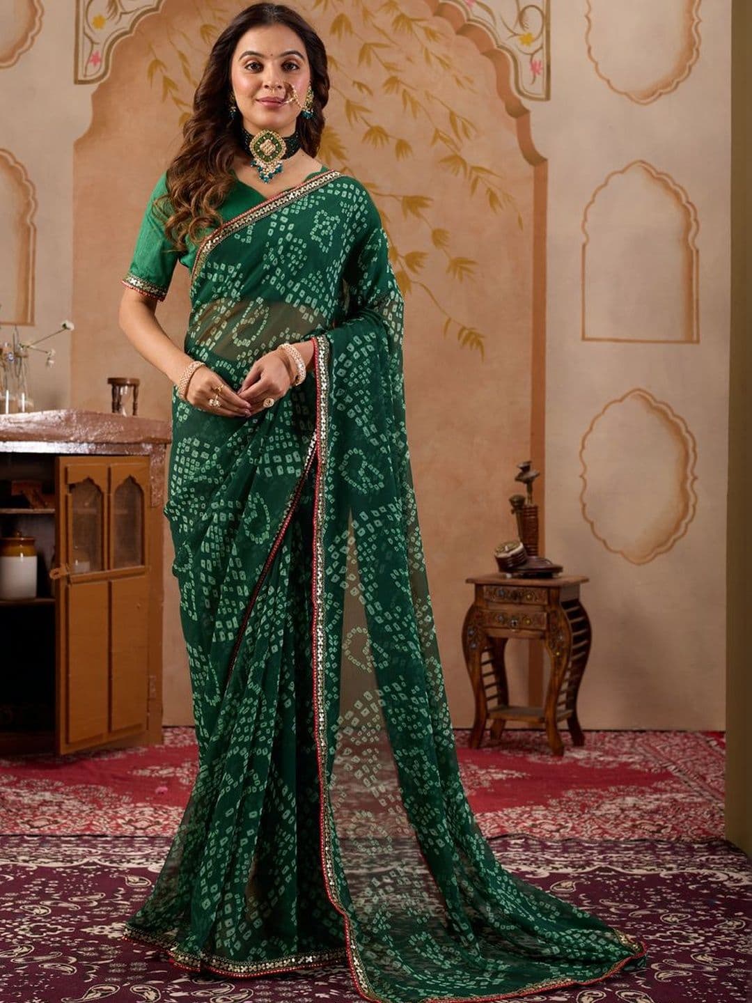 SILKWEAR Bandhani Sequinned Pure Georgette Bandhani Saree - view 1