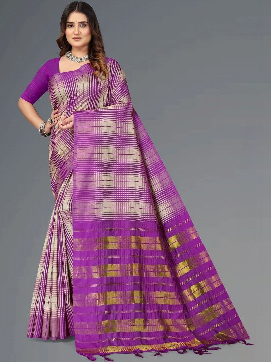 SHAIBO SAREE Checked Woven Design Silk Cotton Saree - view 1