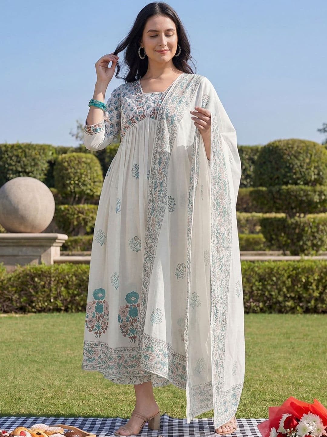 Indo Era Women Floral Printed Empire Pure Cotton Kurta With Trouser & Dupatta - view 1