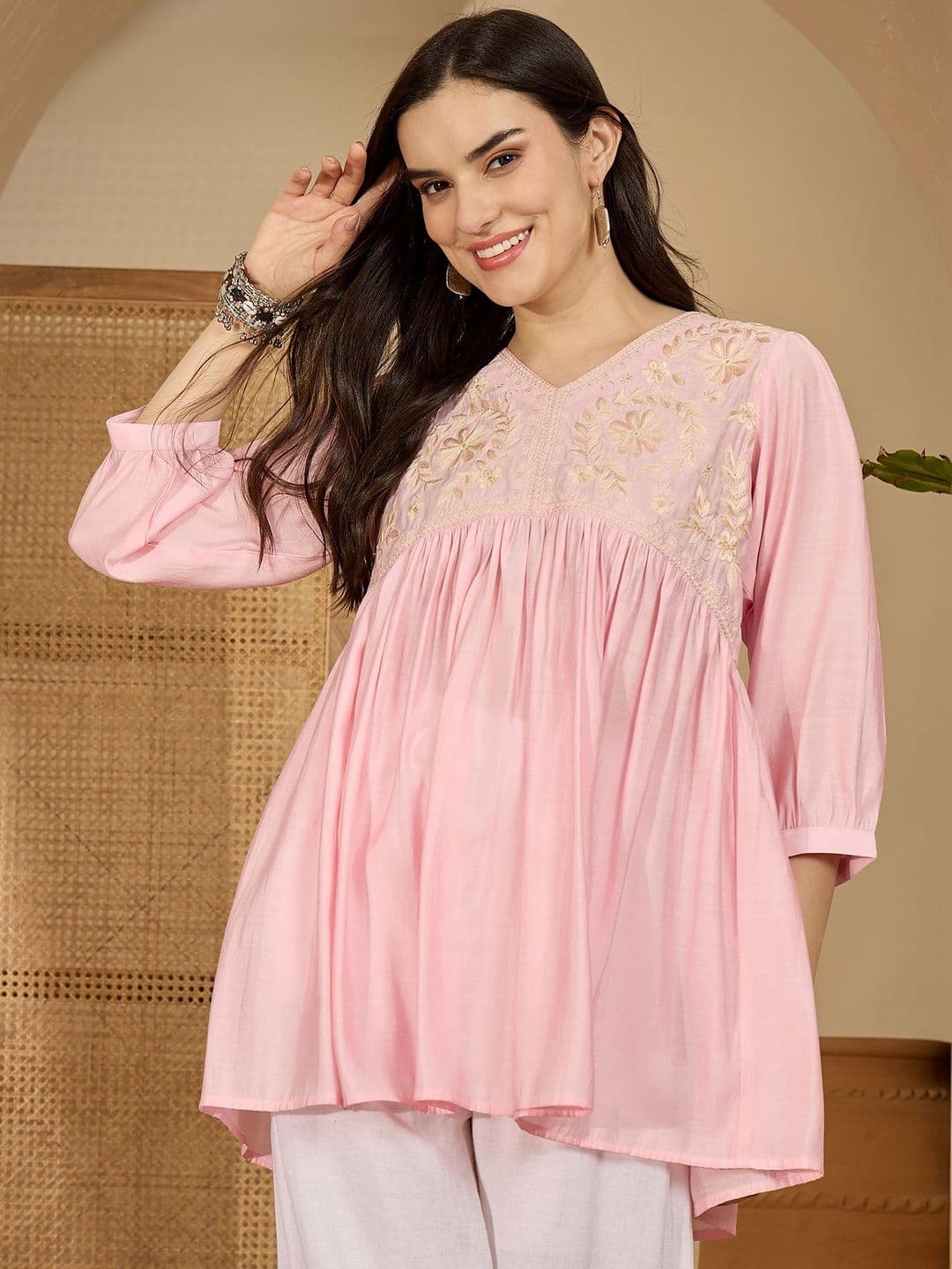 Sangria Embroidered V-Neck Thread Work Anarkali Kurti - view 1