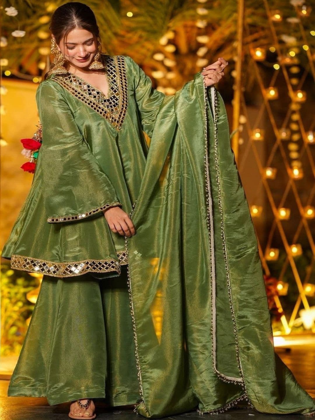 HERE&NOW Women Tiered Mirror Work Kurta with Sharara & With Dupatta - view 1