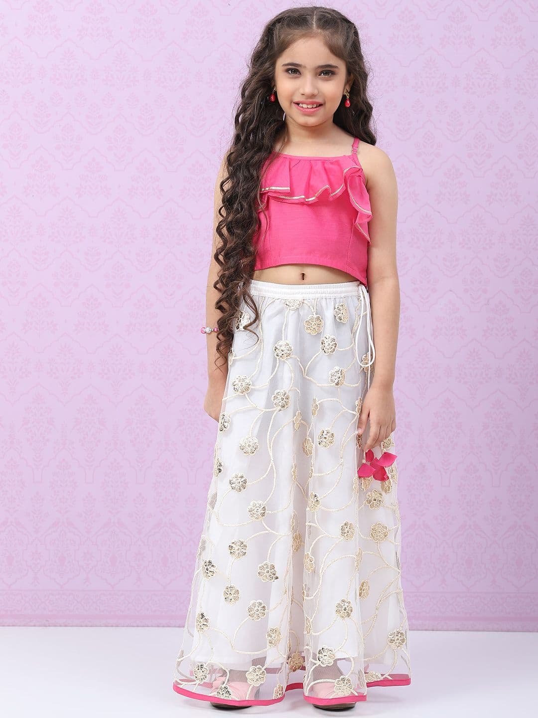 Biba Girls White & Pink Floral Embroidered Ready to Wear Lehenga & Choli - view 1