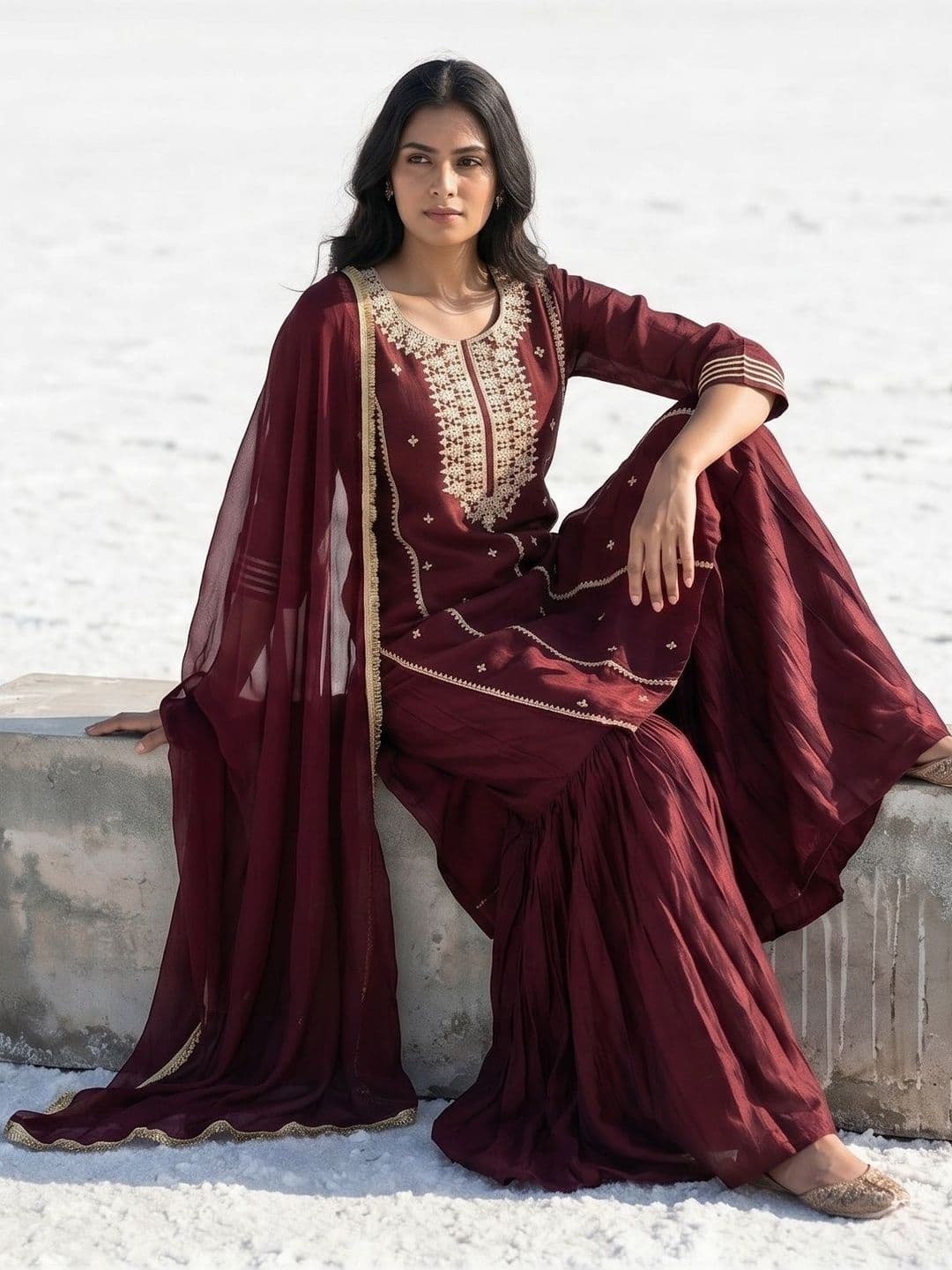 House of Pataudi Embroidered Round Neck Kurta & Sharara With Dupatta - view 1