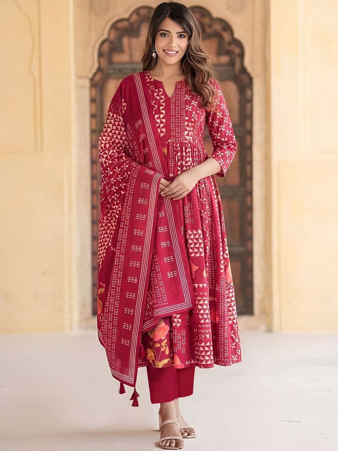 arangya Women Ethnic Motifs Printed Tiered Kurta with Trousers & With Dupatta - view 1
