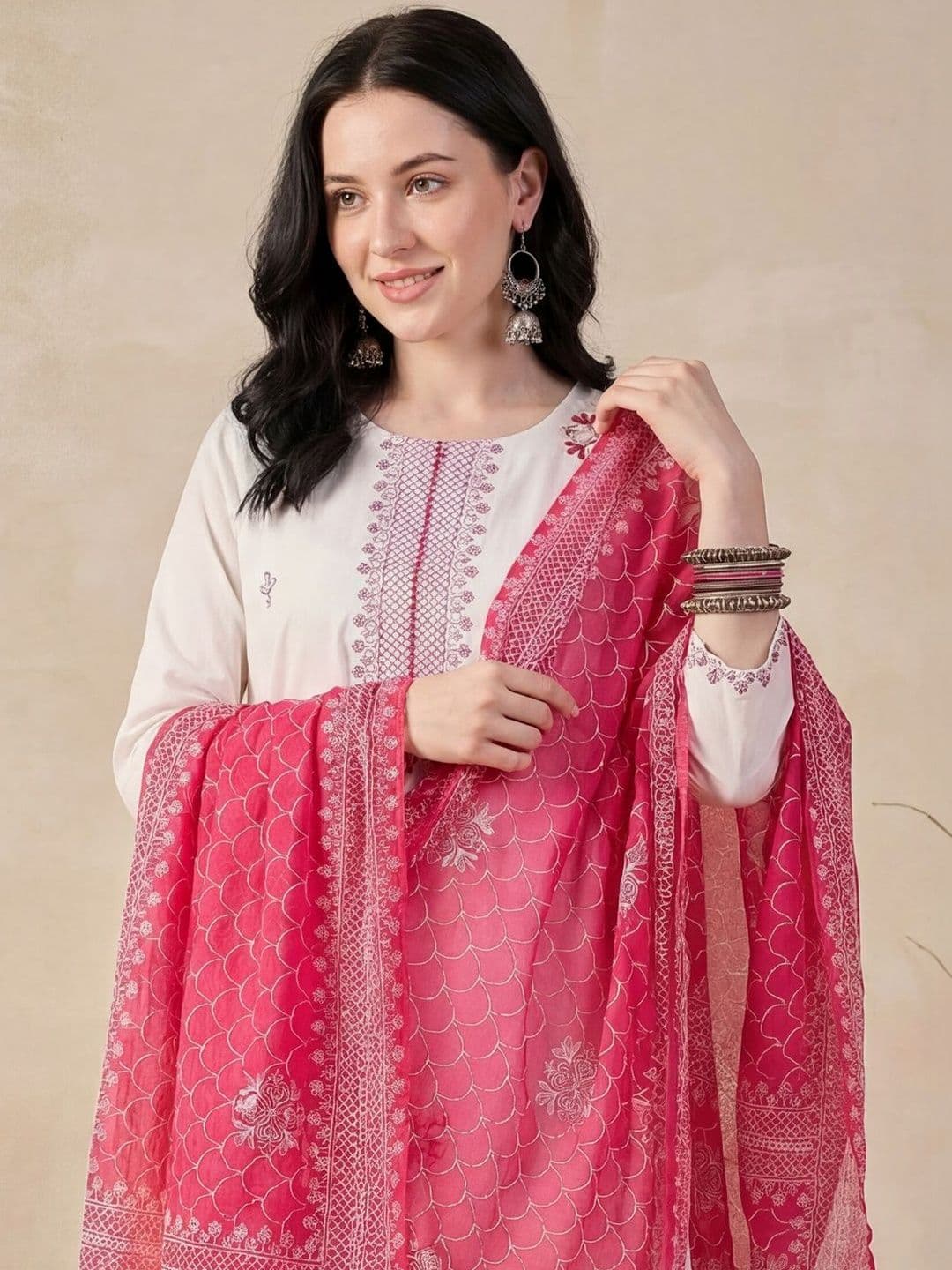 Indo Era Women Ethnic Motifs Embroidered Regular Thread Work Pure Cotton Kurta with Trousers & With Dupatta - view 1