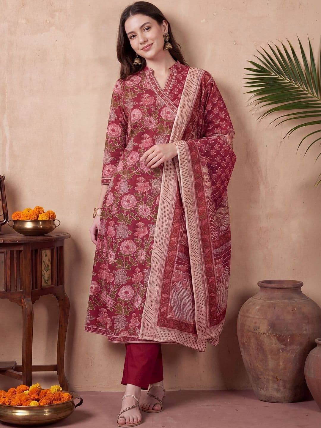 Indo Era Women Floral Printed Angrakha Pure Cotton Kurta with Trousers & With Dupatta - view 1