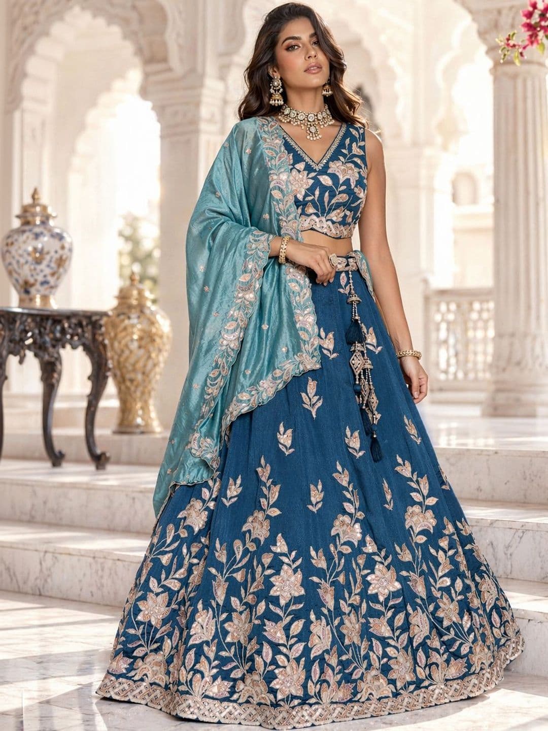 panchhi Teal Embroidered Sequinned Semi-Stitched Silk Lehenga & Unstitched Blouse With Dupatta - view 1