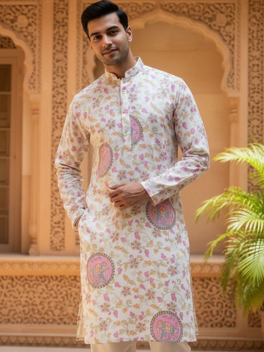 House of Pataudi Printed Linen Mandarin Collar Knee Length Straight Kurtas - view 1