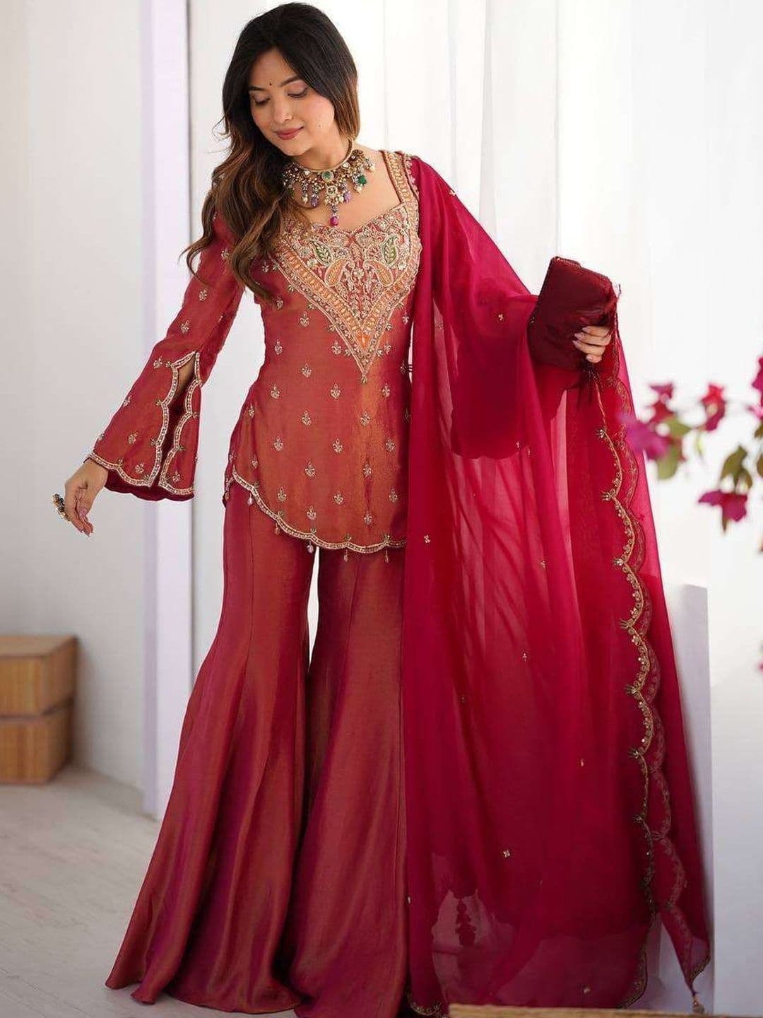 all about you Women Ethnic Motifs Embroidered Regular Thread Work Dupion Silk Kurta with Sharara & With - view 1